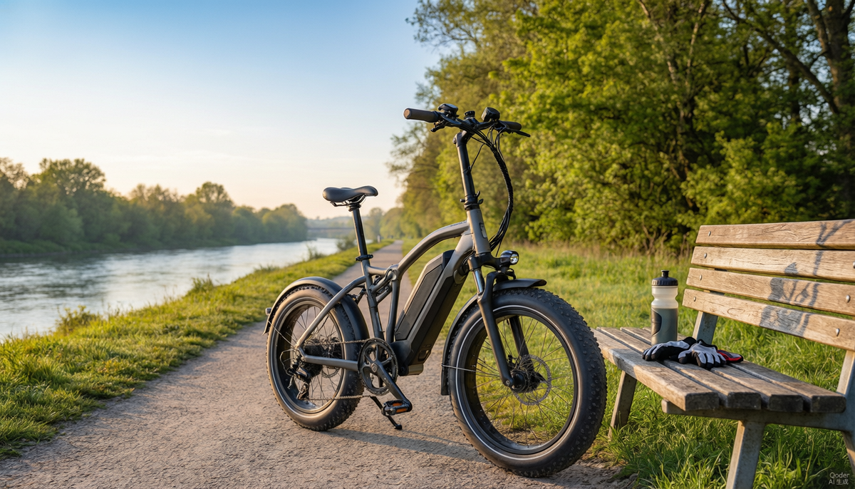 Drvetion fat-tire folding e-bike parked beside a bench on a riverside cycling path, with water bottle and cycling gloves, morning golden hour