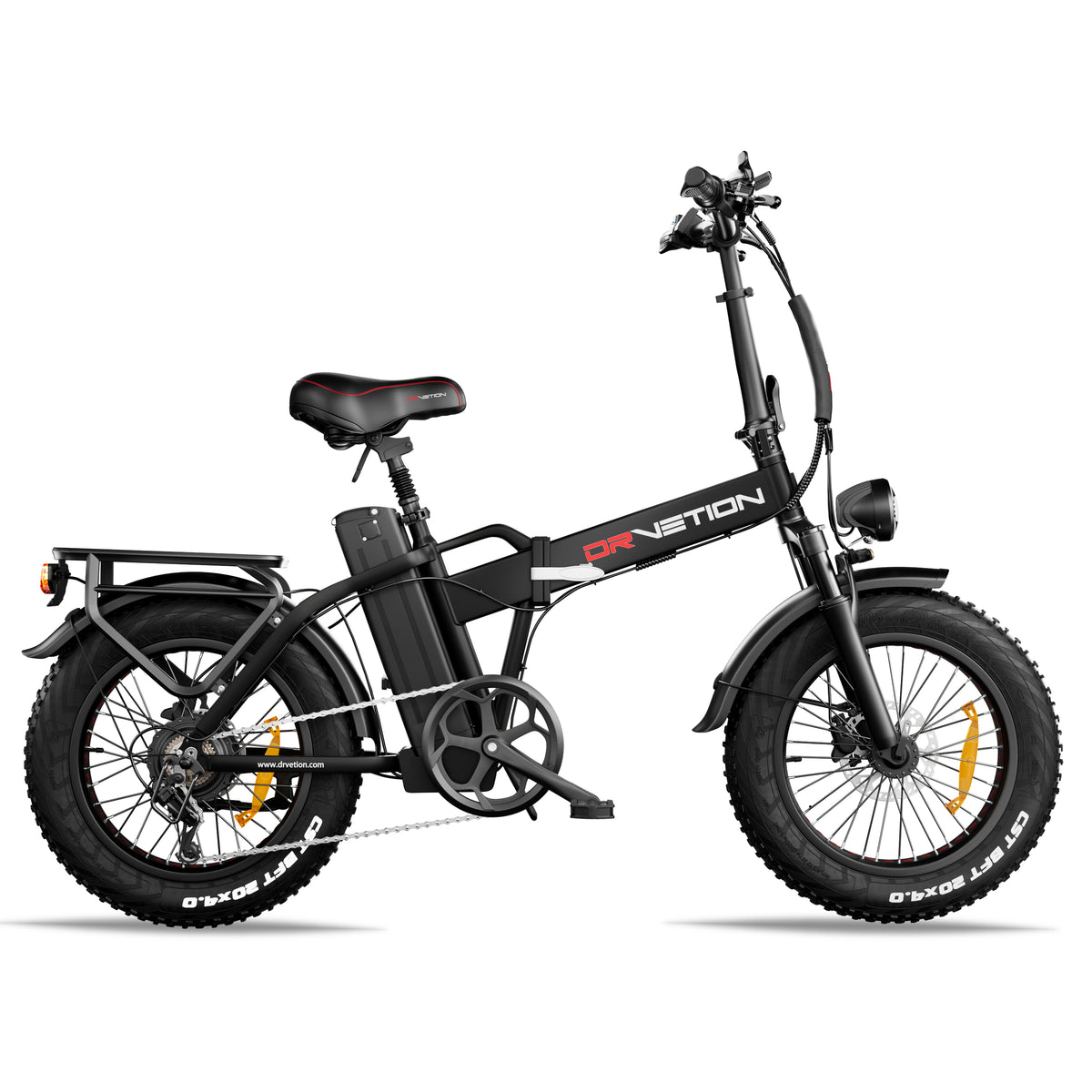 Black Drvetion AT20 PRO folding e-bike with fat tires and rear rack