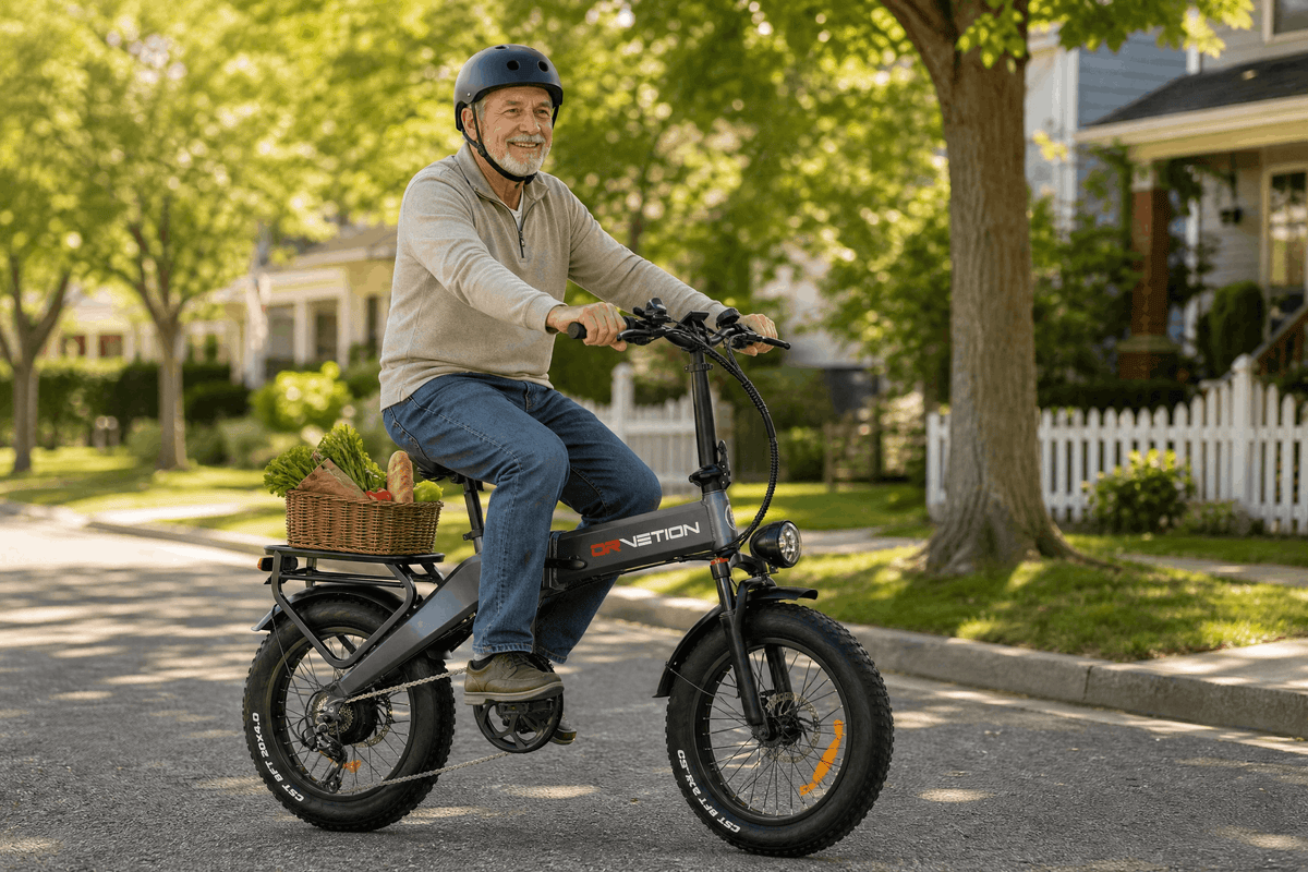 Drvetion BT20 — rider on an e-bike along a residential street