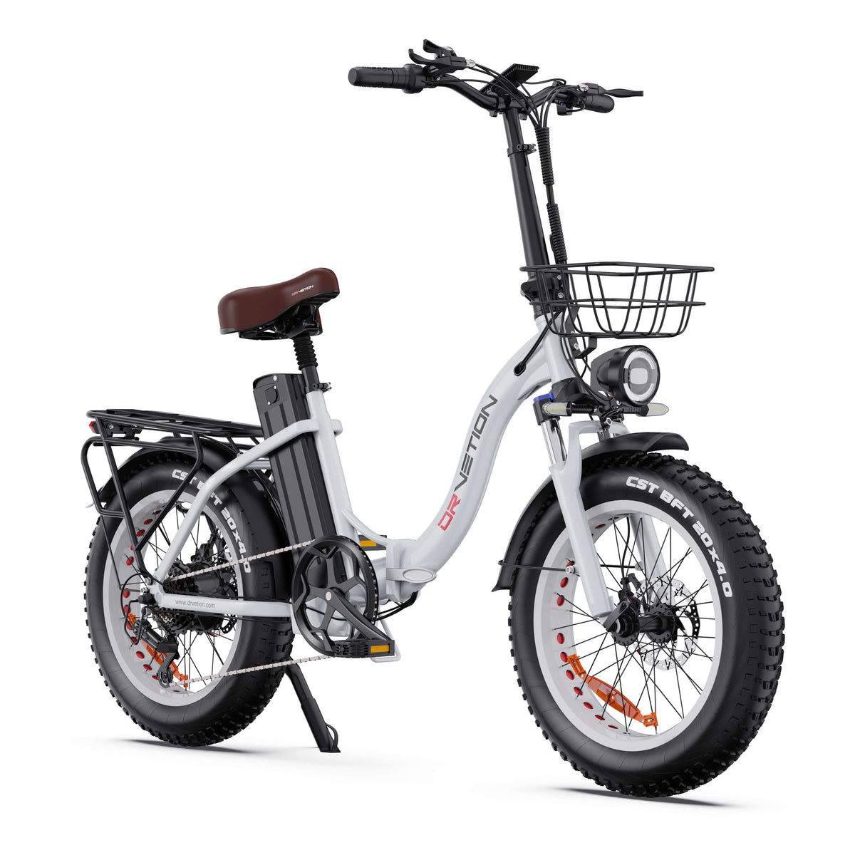 Drvetion CT20 — white e-bike opposite front three-quarter view