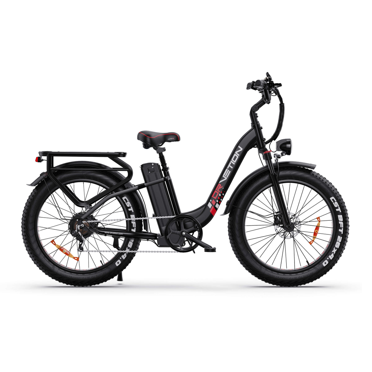 Black Drvetion CTR26 step-through e-bike with fat tires and rear rack