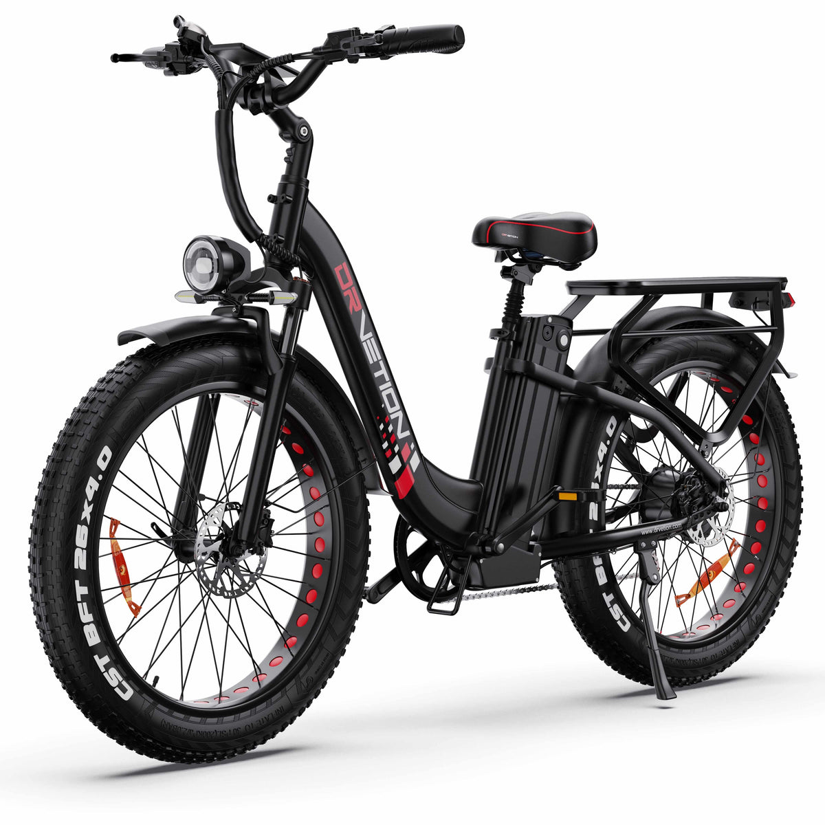 Drvetion CTR26 — black e-bike opposite front three-quarter view