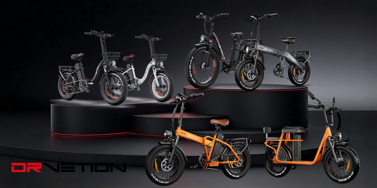Six Drvetion fat-tire electric bikes on a dark display stage: step-through city models with front baskets, folding models, and an orange cargo model with a rear passenger seat, all running CST 20 x 4.0 inch and 26 x 4.0 inch fat tyres.