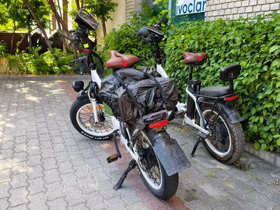 Drvetion CT20 PRO — e-bikes with rear luggage parked beside a hedge