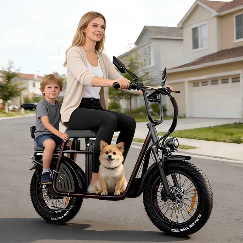 Drvetion ET20 — rider, passenger and dog on an electric scooter on a residential street