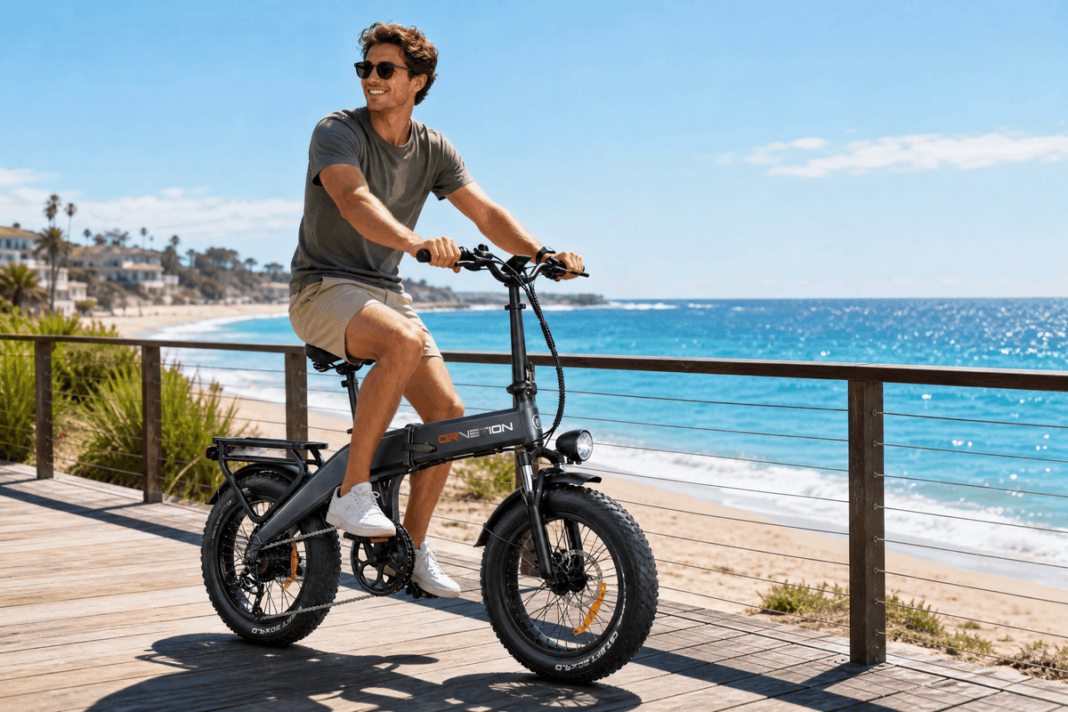 Drvetion BT20 — rider on an e-bike beside the sea